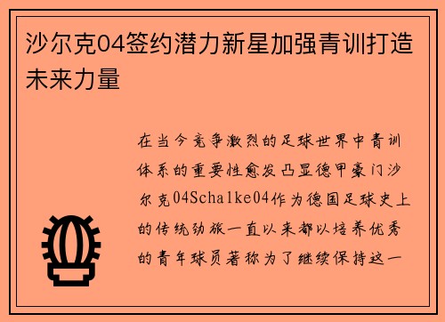 沙尔克04签约潜力新星加强青训打造未来力量