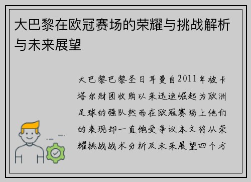 大巴黎在欧冠赛场的荣耀与挑战解析与未来展望