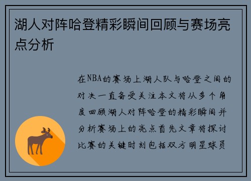 湖人对阵哈登精彩瞬间回顾与赛场亮点分析