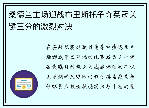 桑德兰主场迎战布里斯托争夺英冠关键三分的激烈对决