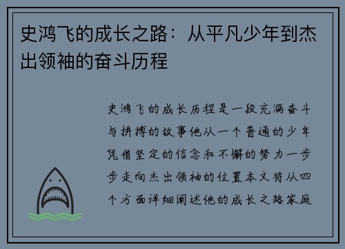 史鸿飞的成长之路：从平凡少年到杰出领袖的奋斗历程
