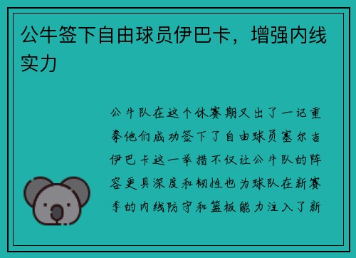 公牛签下自由球员伊巴卡，增强内线实力