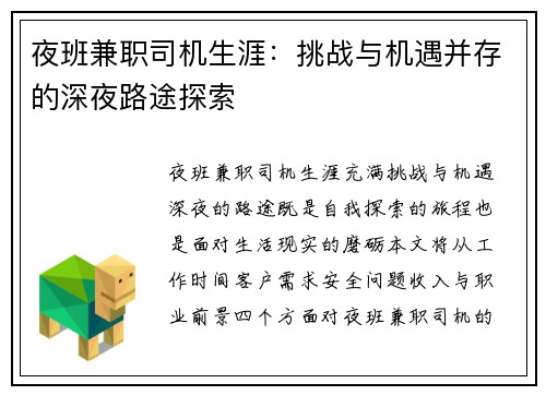 夜班兼职司机生涯：挑战与机遇并存的深夜路途探索