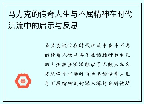 马力克的传奇人生与不屈精神在时代洪流中的启示与反思