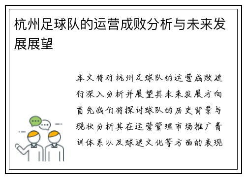 杭州足球队的运营成败分析与未来发展展望